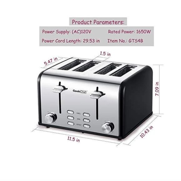 Toaster 4 Slice, Geek Chef Stainless Steel Toaster with Extra Wide Slots, 4 Slot - Picture 6 of 14